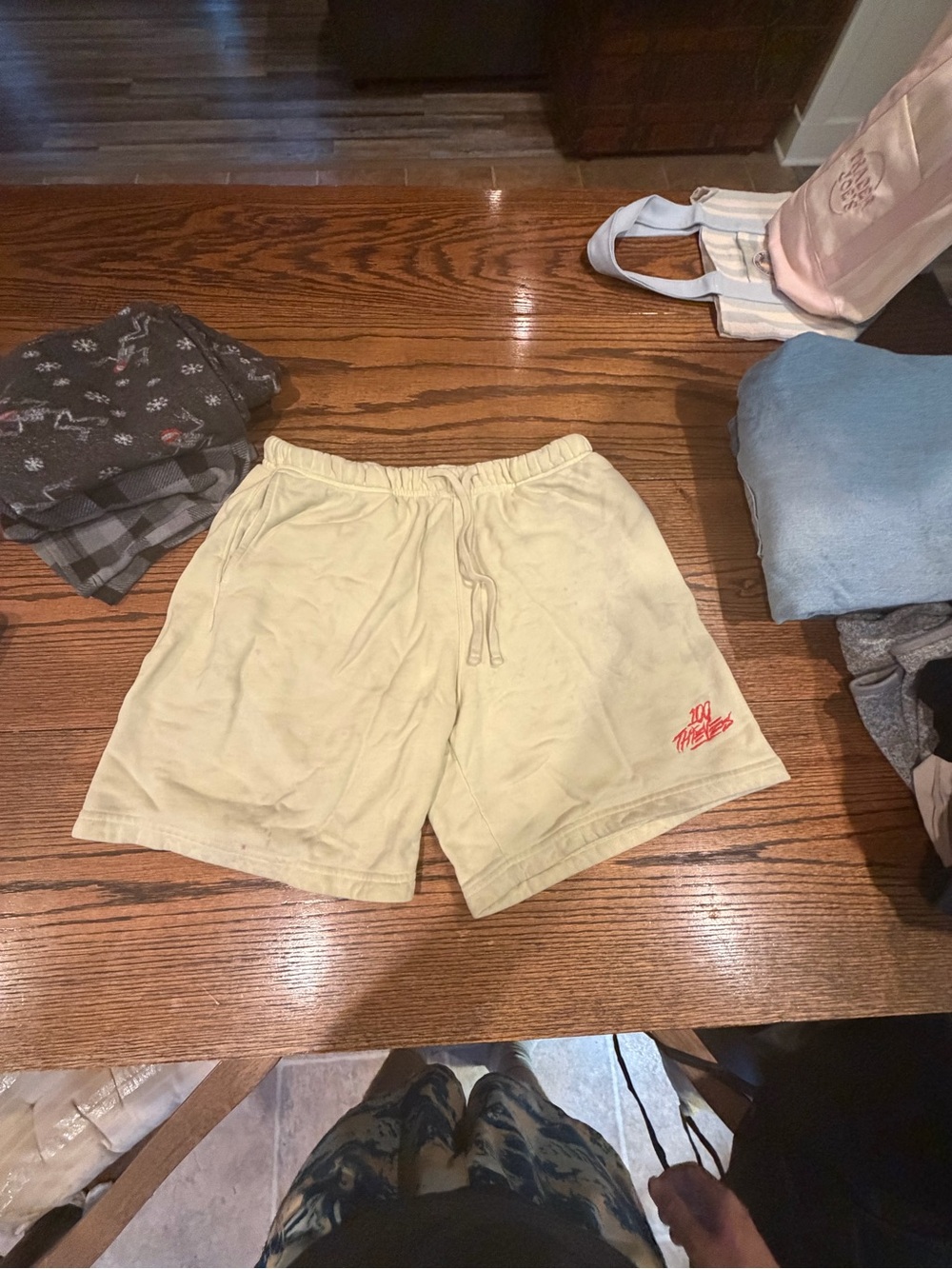 Men's Cream Drawstring Hybrid Shorts with Red Script Accent